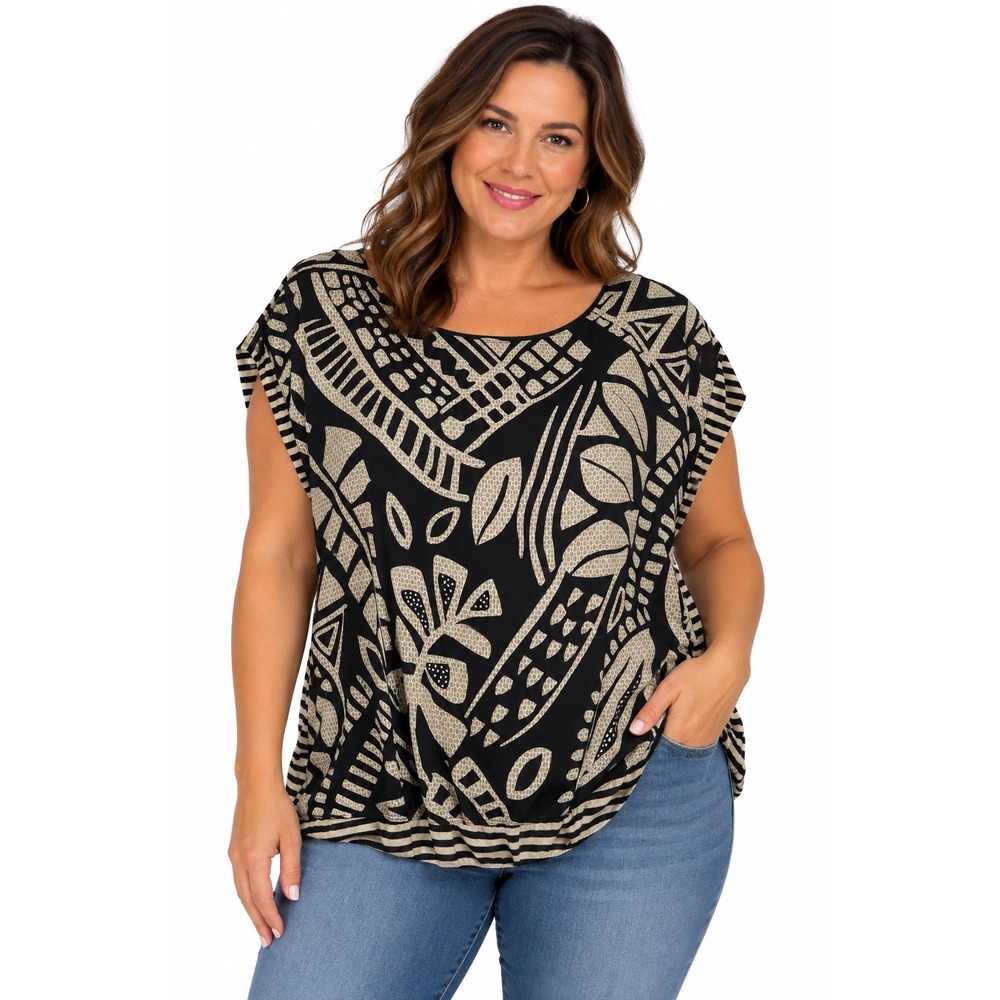 Ruby Rd Woman Top 1X Black Tan Geometric Leaf Print Striped Bubble Hem Blouse